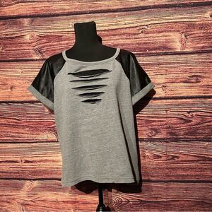 Apt 9 Womens Gray Crew Neck Short Black Faux Leather Sleeve Cut Out Top